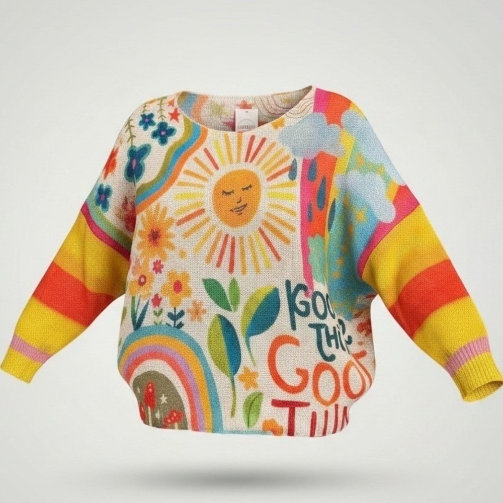Loowie Eco-Design Open Knit Sweate Airy Women OS Sun Rainbow Art To Wear Italy